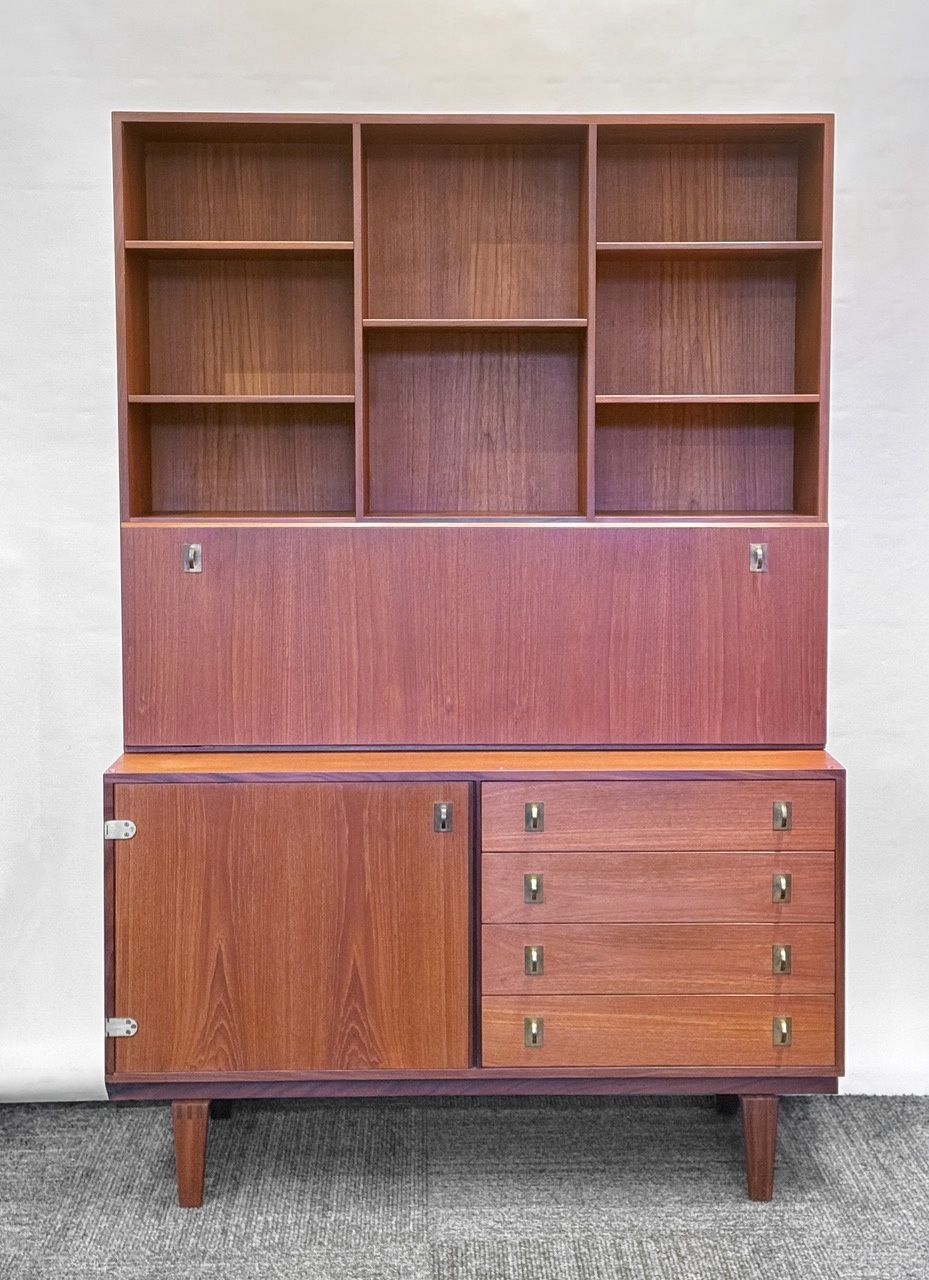 1960s Danish Teak Wall Unit With Fold Down Server / Bar - Peter Løvig for Hedensted Møbelfabrik - Denmark