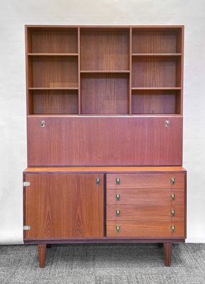 1960s Danish Teak Wall Unit With Fold Down Server / Bar - Peter Løvig for Hedensted Møbelfabrik - Denmark