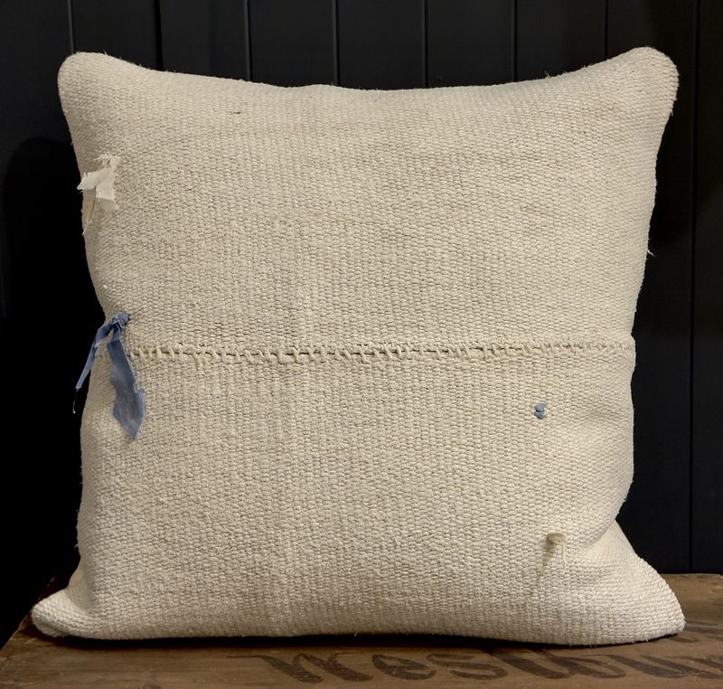 20&quot; x 20&quot; Hemp &amp; Cotton pillow made from vintage Turkish Kilim - blue tassle