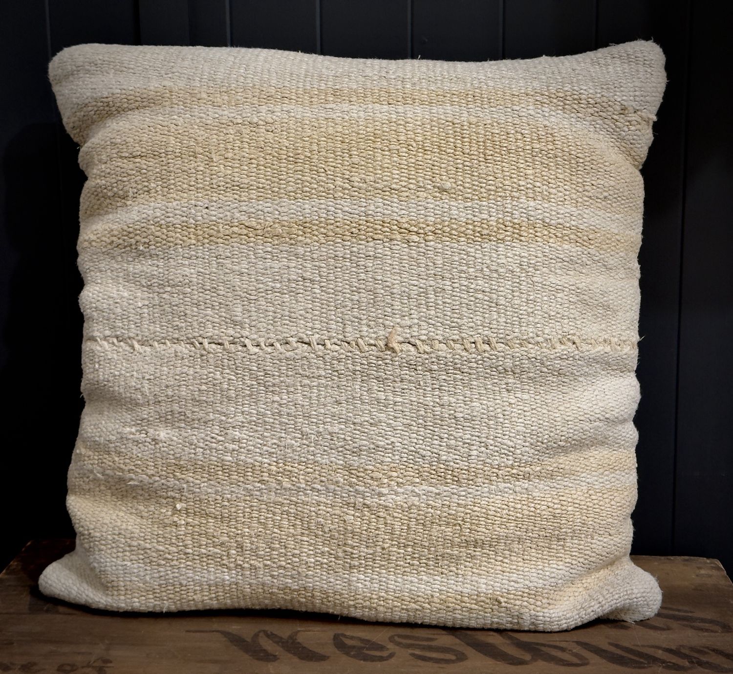 20&quot; x 20&quot; Hemp &amp; Cotton pillow made from vintage Turkish Kilim - beige stripes