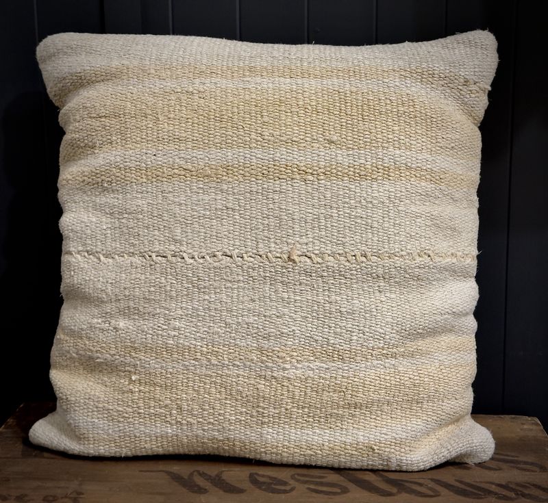 20&quot; x 20&quot; Hemp &amp; Cotton pillow made from vintage Turkish Kilim - beige stripes