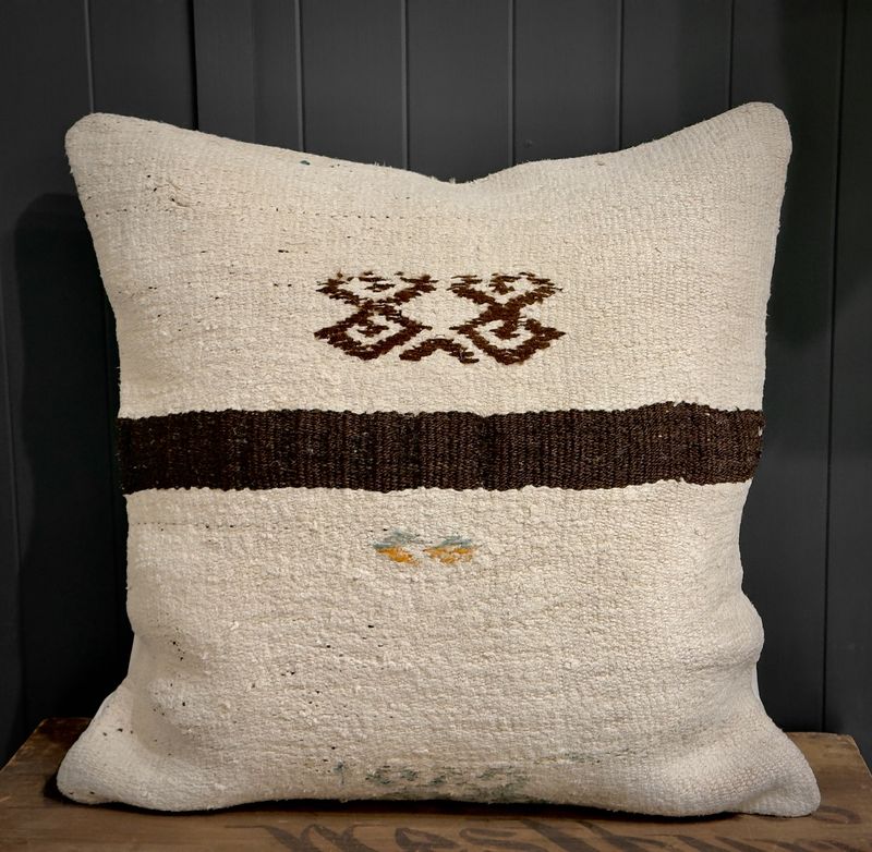 20&quot; x 20&quot; Hemp &amp; Cotton pillow made from vintage Turkish Kilim - brown stripe