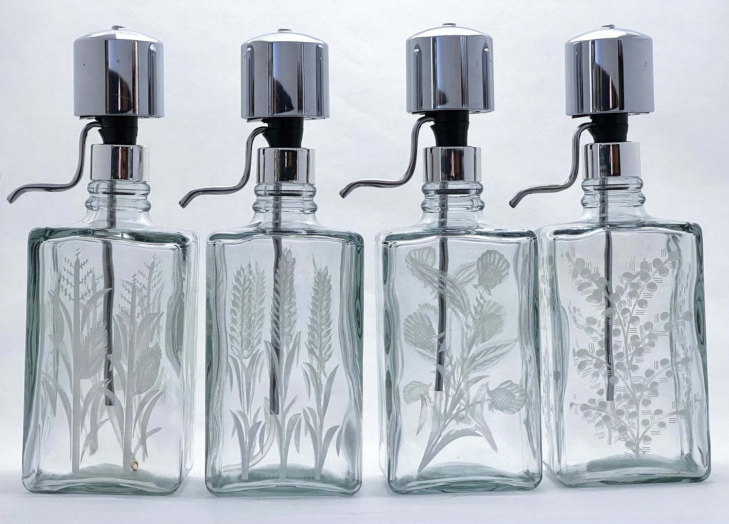 1960s Etched Liquor bottles with  Lucite Tray