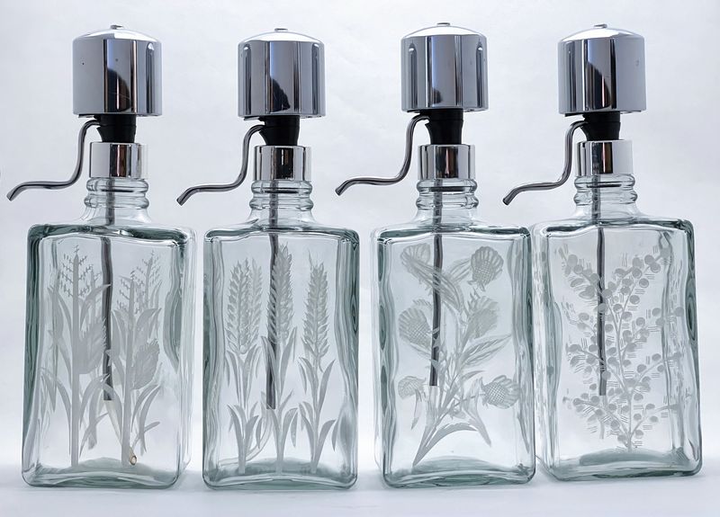1960s Etched Liquor bottles with  Lucite Tray
