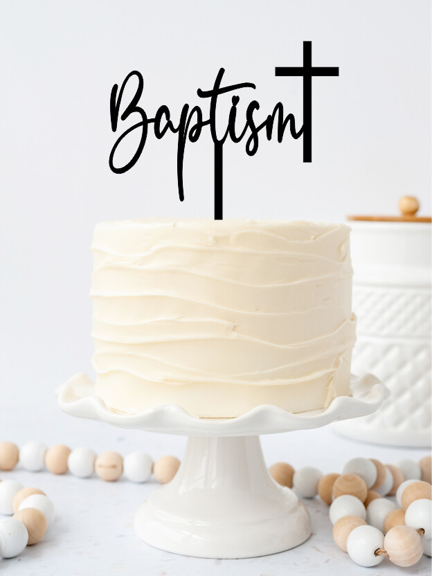 BAPTISIM WITH CROSS CAKE TOPPER, ACRYLIC: SILVER