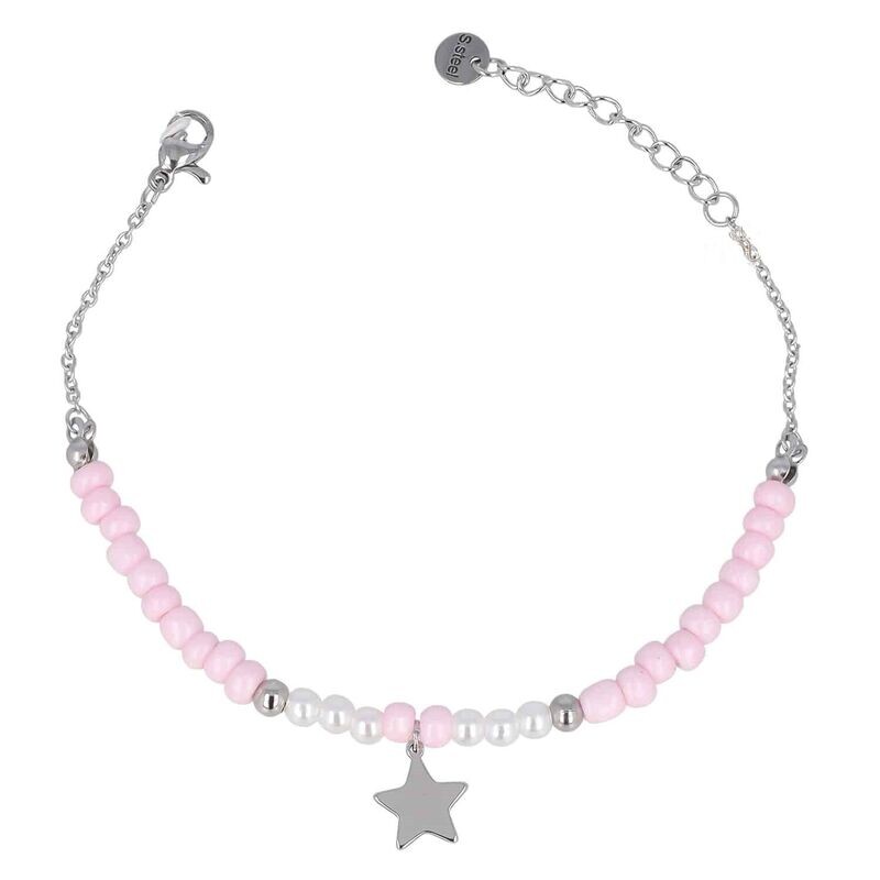 Bracciale acciaio rodiato ciondolo a stella e pietre dure colore rosa