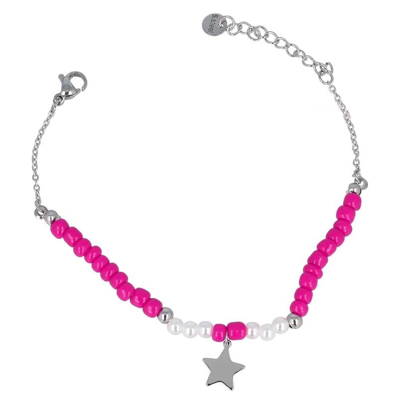 Bracciale in acciaio rodiato con stella e pietre dure colore fucsia