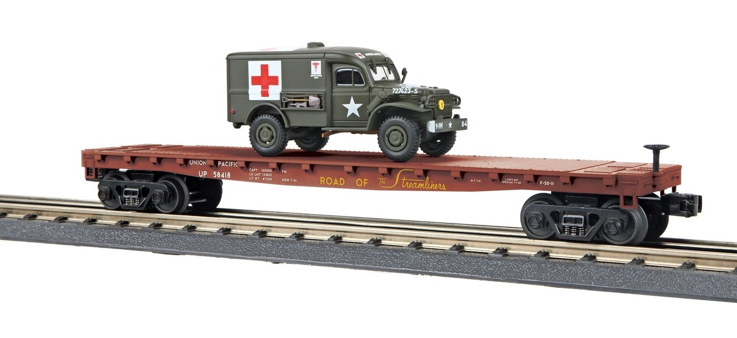MTH30-76742 | O Gauge | RailKing Flat Car w/(1) Dodge WC54 Ambulance