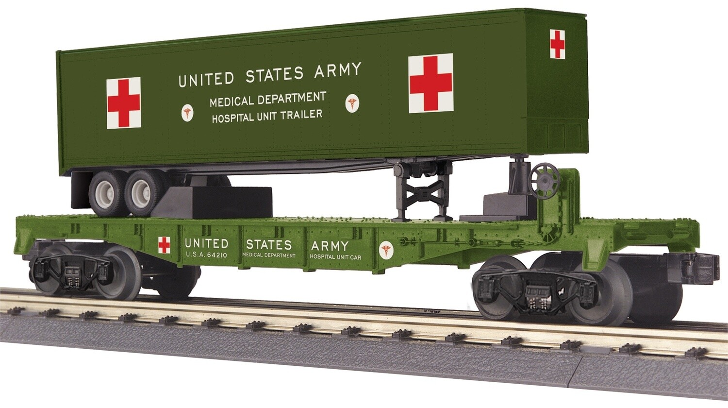 MTH30-76854 | O Gauge | RailKing Flat Car w/40’ Trailer | U.S. Army (Red Cross)