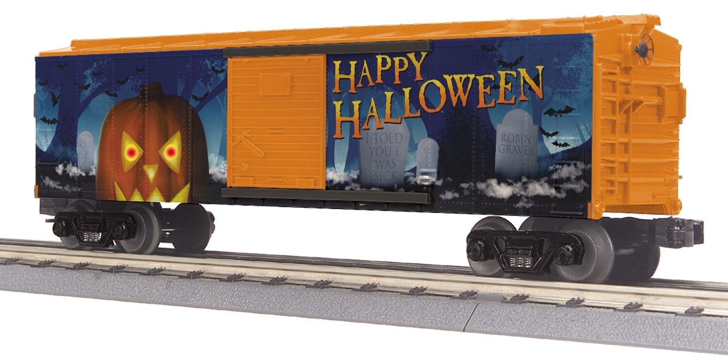 MTH30-74934 | O Gauge | RailKing Box Car w/Glowing LEDs | Halloween (Pumpkin)