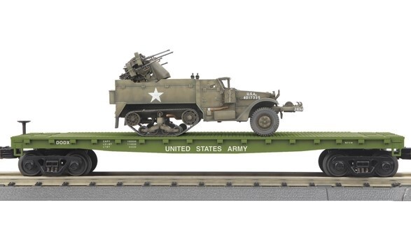 MTH30-7097 | O Gauge | RailKing  Flat Car w/Half-Track M16 Scout Car | US Army