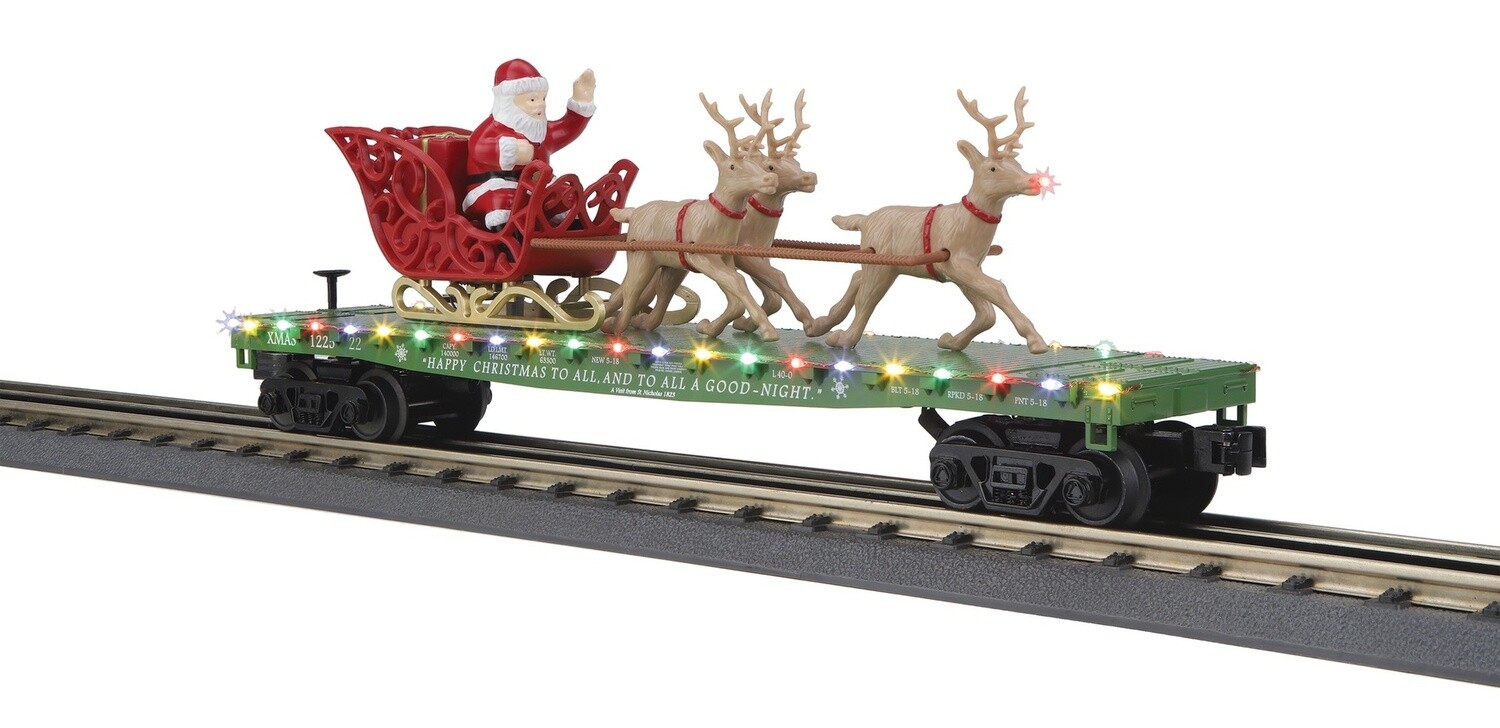 MTH30-76860 | O Gauge | RailKing Flat Car w/LED Lights, Santa Sleigh &amp; Reindeer | Christmas