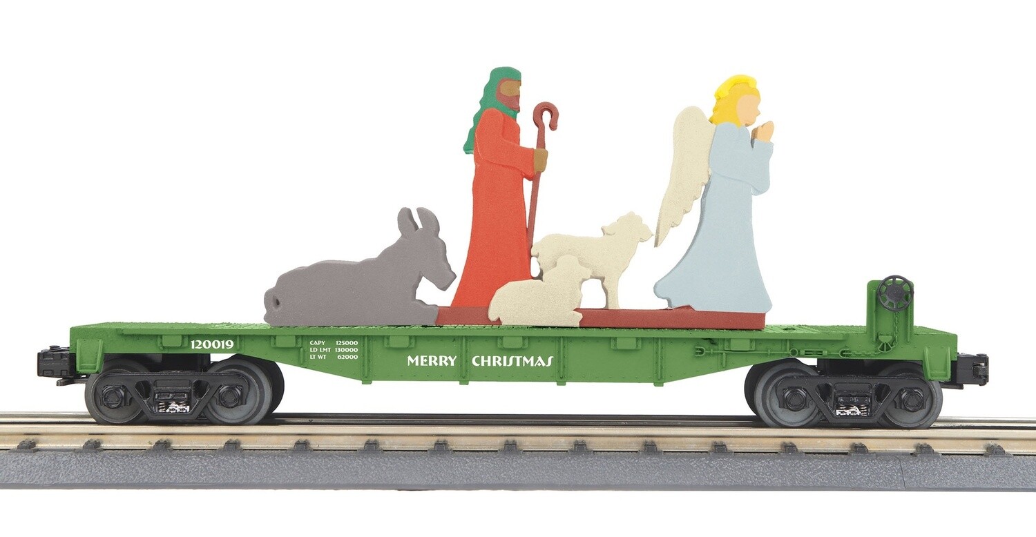 MTH30-76786 | O Gauge | RailKing Flat Car w/Lighted Shepherd Scene | Christmas (Green)