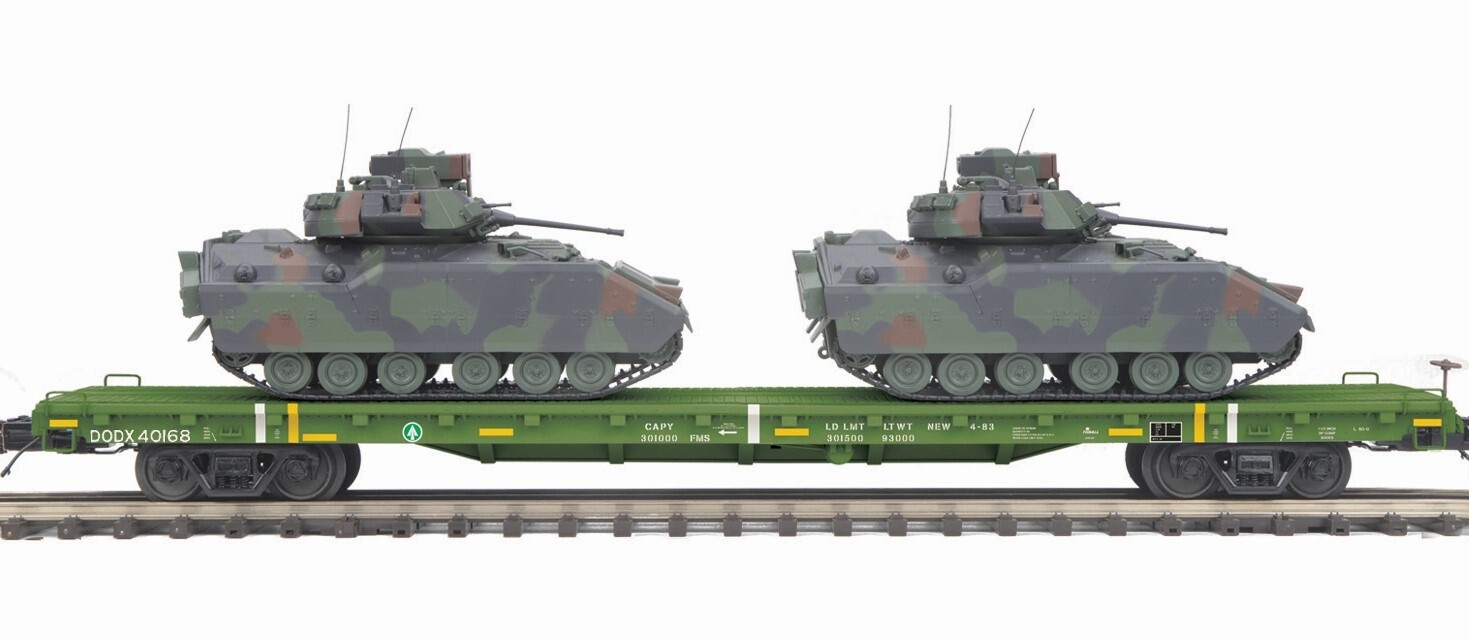 MTH20-92241 | O Gauge | Premier 60' Flat Car w/(2) Bradley Fighting Vehicles | US Army