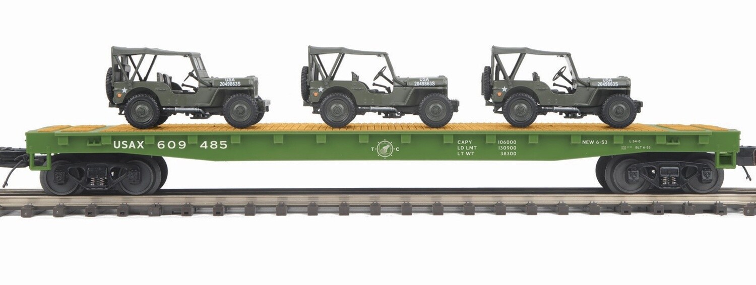 MTH20-92239 | O Gauge | Premier Flat Car  w/(3) Miltary Transport Vehicles | US Army