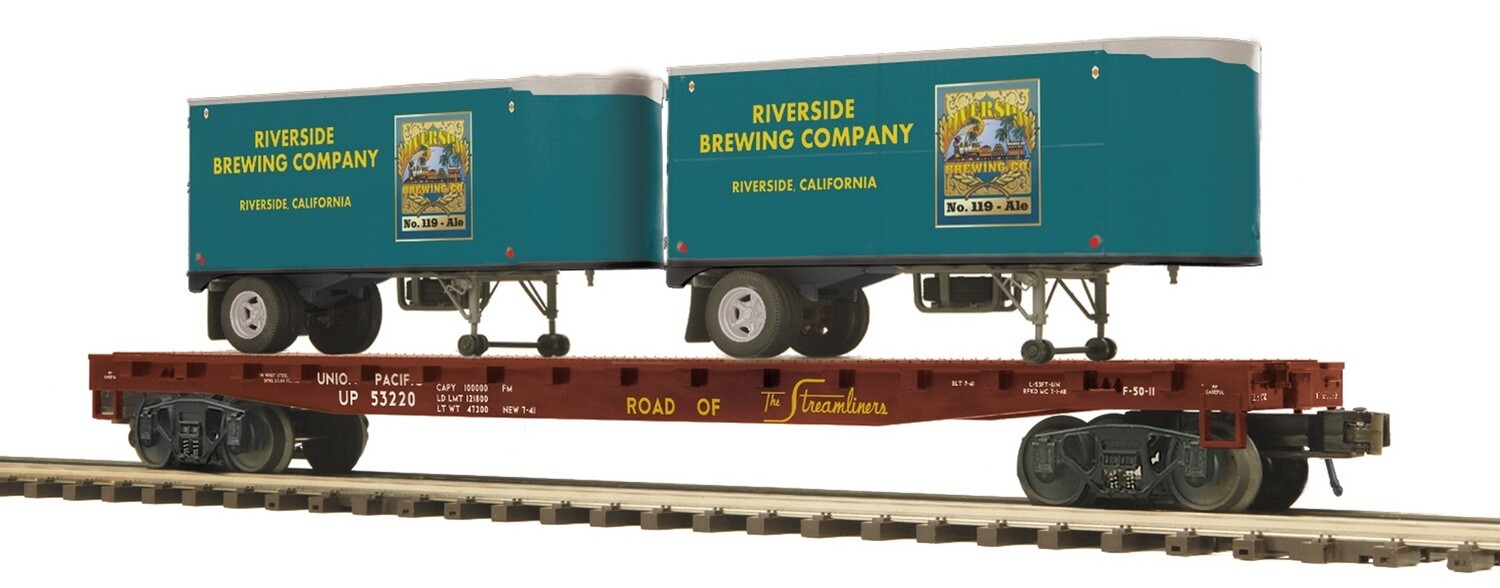 MTH20-95311 | O Gauge | Premier Flat Car w/(2) PUP Trailers | Union Pacific (Riverside Brewing Co. Trailer)