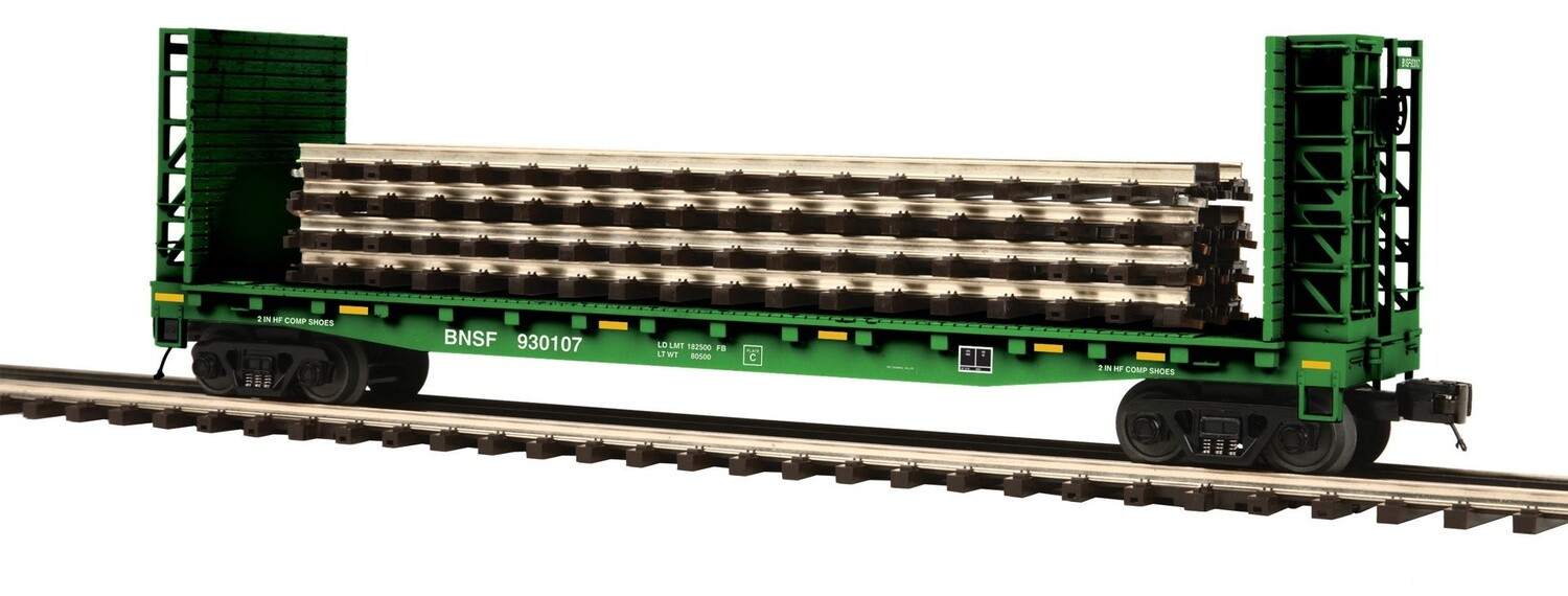 MTH20-98765 | O Gauge | Premier Flat Car w/Bulkheads &amp; (4) ScaleTrax Sections | BNSF