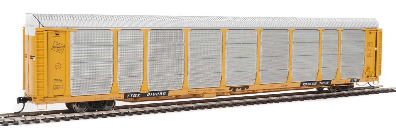 920-101339 | HO | 89ft Thrall Bi-Level Autorack, | Milwaukee Road Rack, TTGX Flatcar #910250