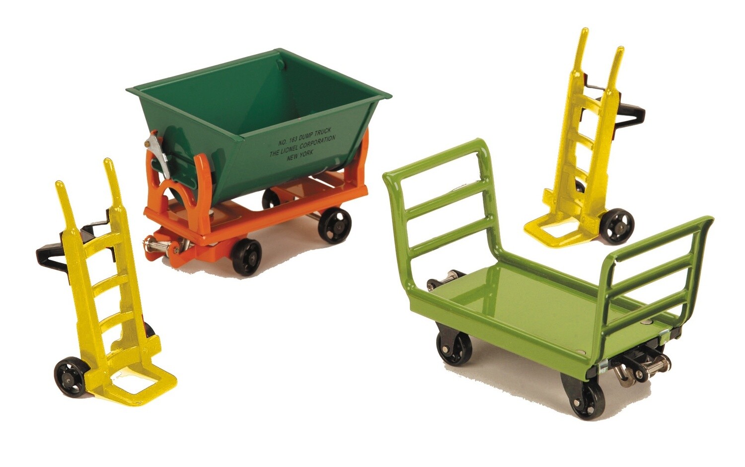 MTH11-90129 | O Gauge | Std. Gauge Lionel Corporation Tinplate No. 163 Freight Accessory Set | Pea Green Cart/Green Dump/Yellow Handtruck