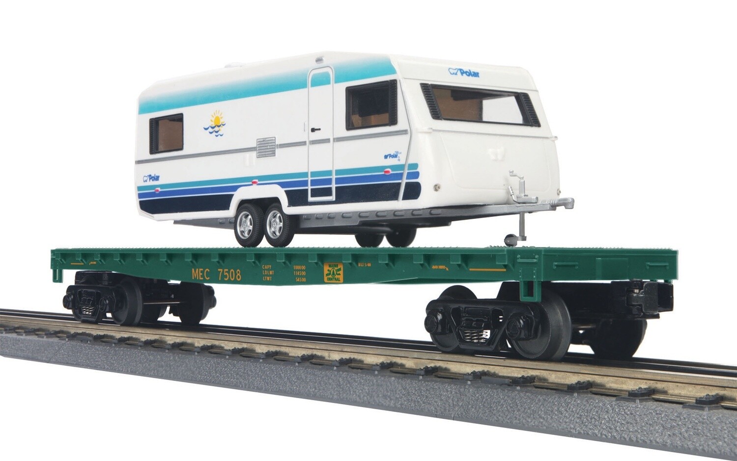 MTH30-76536 | O Gauge | RailKing 50' Flat Car w/(1) Camper | Maine Central