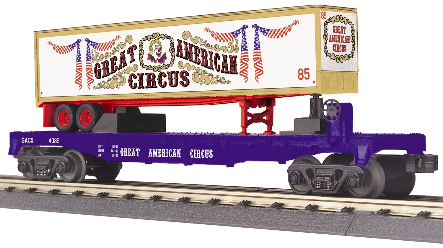 MTH30-76780 | O Gauge | RailKing Flat Car w/40' Trailer | Great American Circus