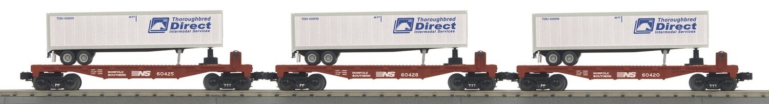 MTH30-7076 | O Gauge | RailKing 3-Car Flat Car w/ Trailer Set | Norfolk Southern