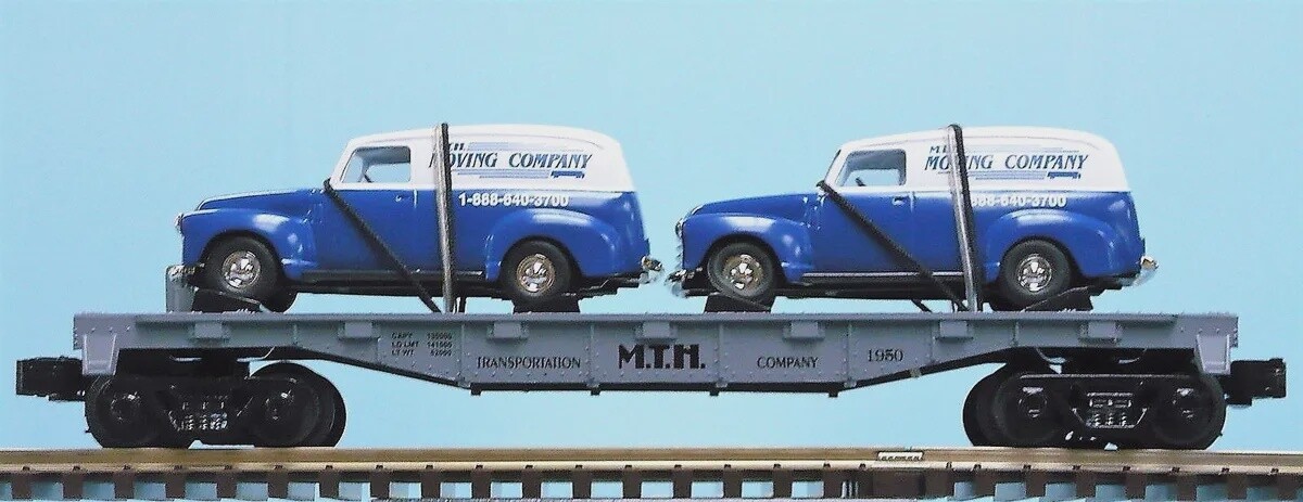 MTH30-7647 | O Gauge | RailKing Flat Car w/Ertlr 1950 Panel Truck | MTH Transport