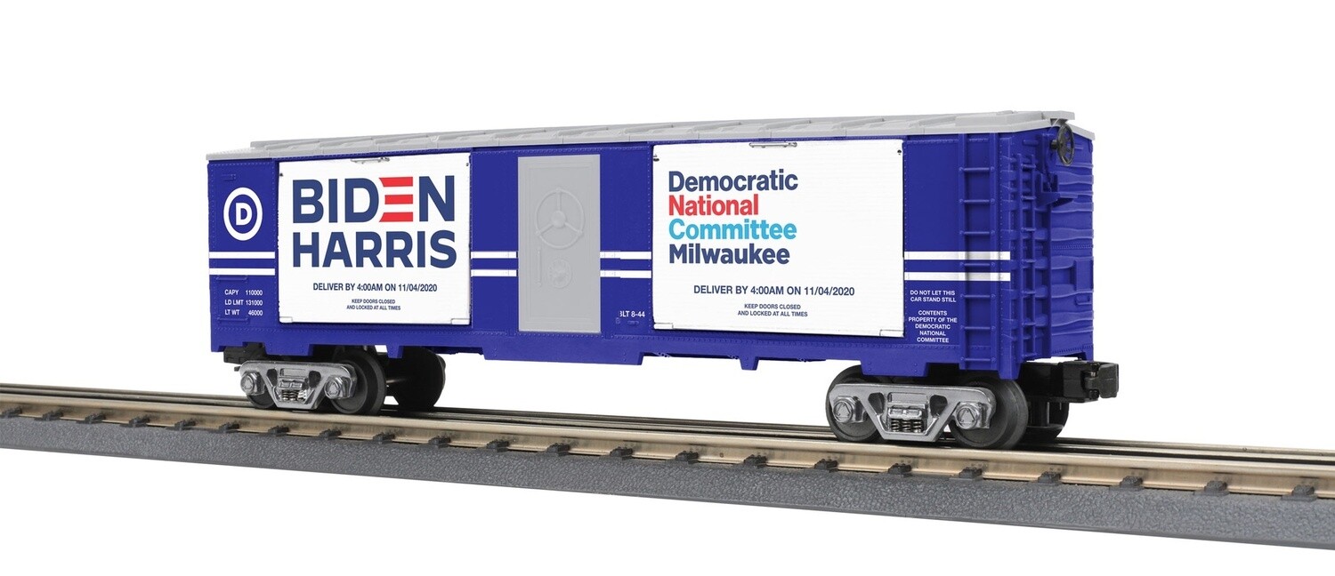 MTH30-71052 | O Gauge | RailKing 40’ Window Box Car w/Ballot Boxes | Democratic National Committee (Milwaukee)
