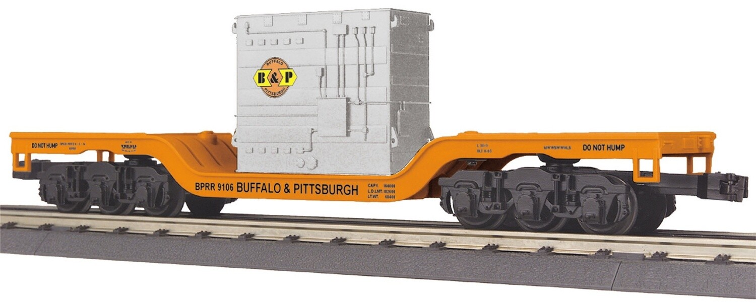 MTH30-76577 | O Gauge | RailKing Dep. Center Flat Car w/Transformer Load | Buffalo &amp; Pittsburgh