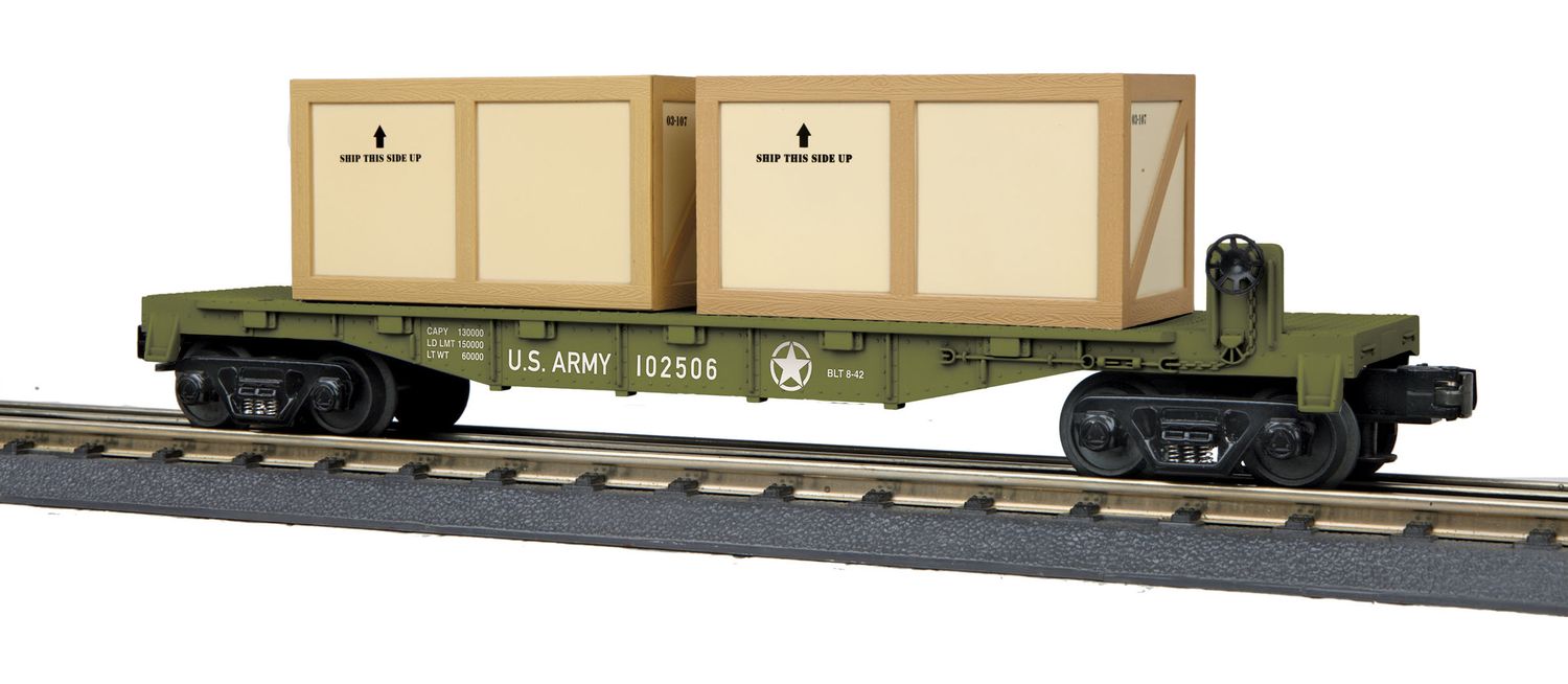 MTH30-76703 | O Gauge | RailKing Flat Car w/(2) Crates | US Army