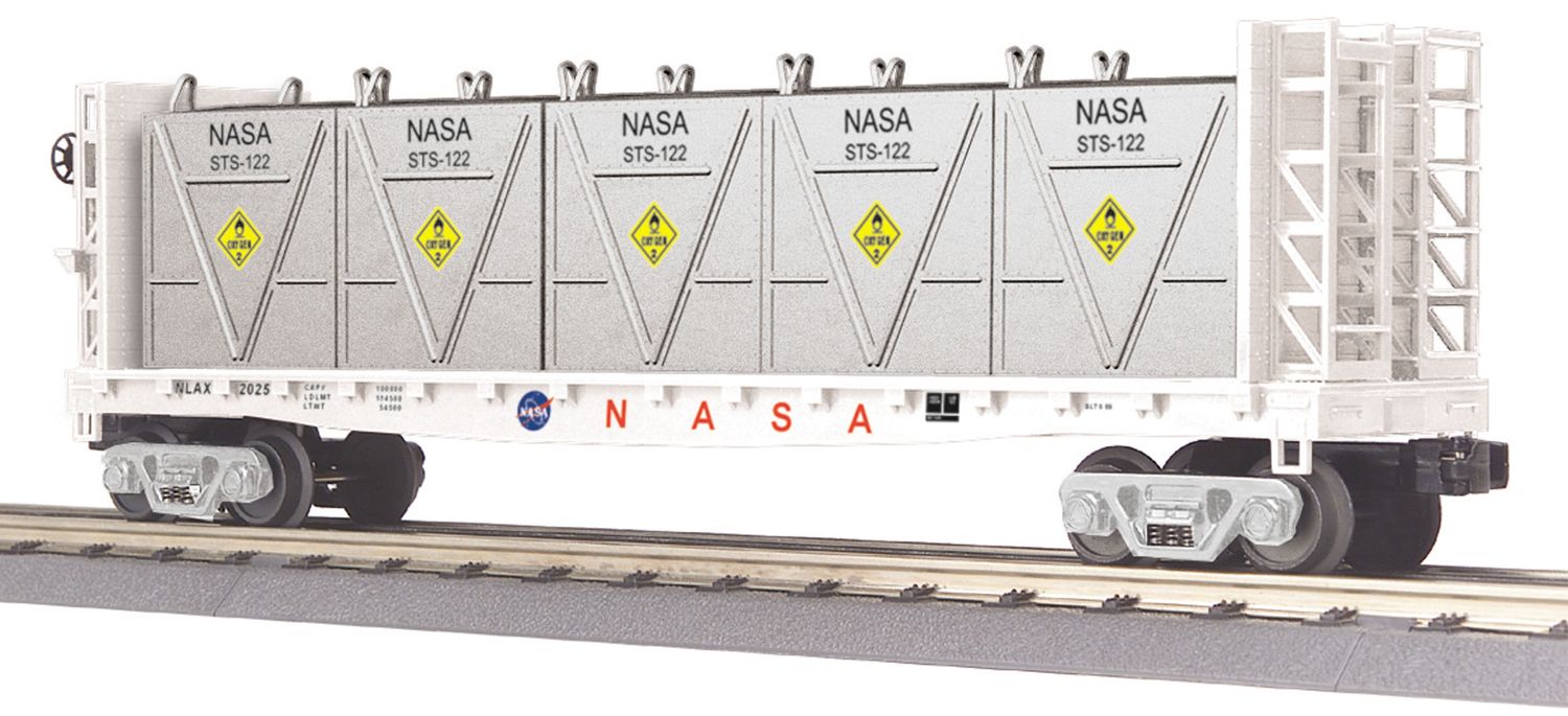 MTH30-76565 | O Gauge | RailKing Flat Car - w/Bulkheads &amp; LCL Containers | NASA