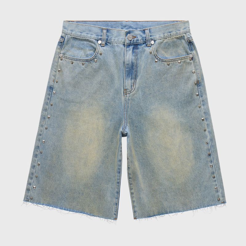 Homme Femme Studded Denim Shorts Blue Stone Wash