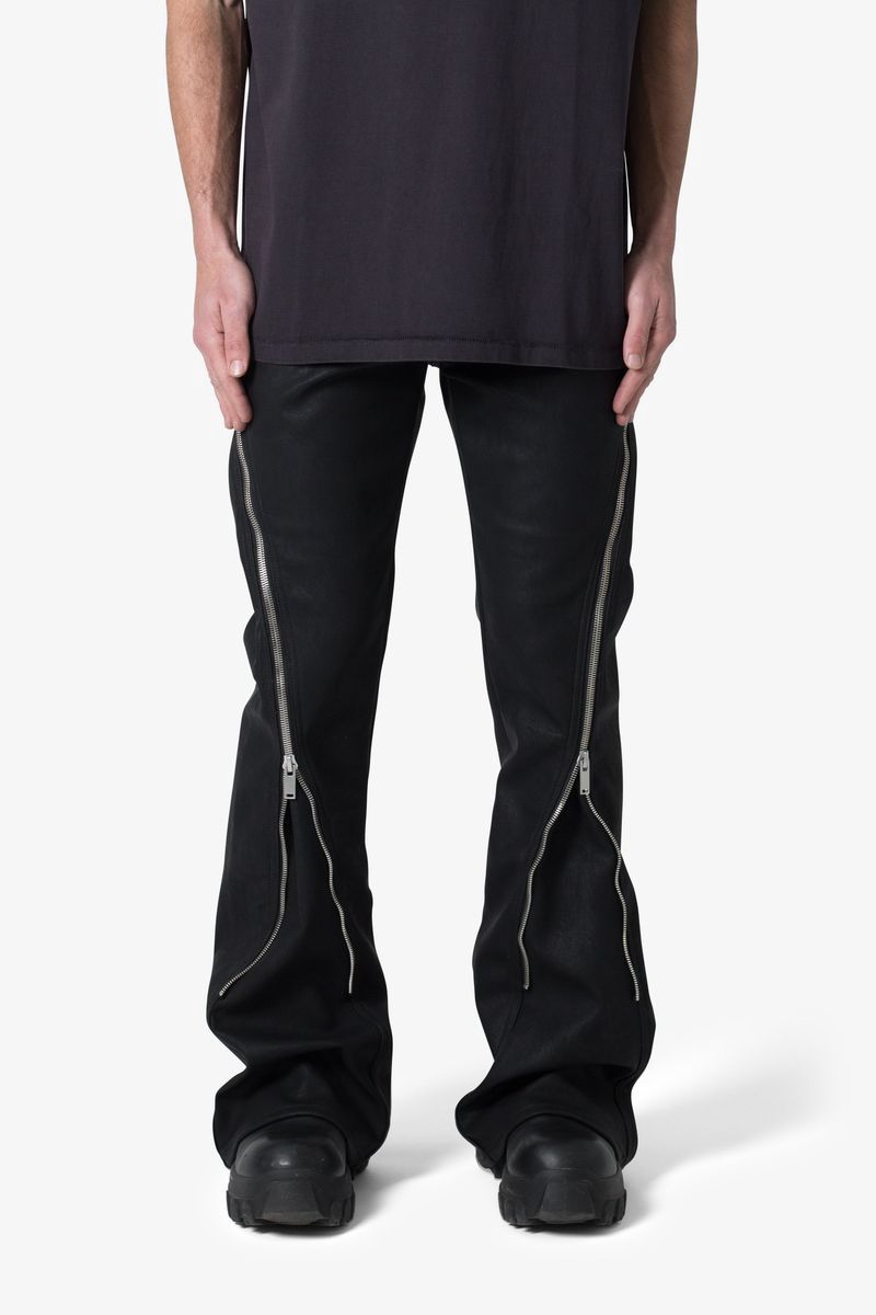 MNML D519 Leather Zipper Flare Pants - Black