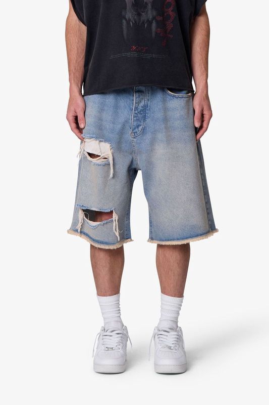 MNML Baggy Distressed Denim Shorts Light Blue