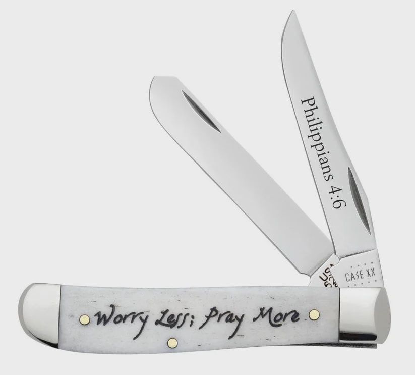 Religious Sayings Worry Less, Pray More Embellished Smooth Natural Bone Mini Trapper