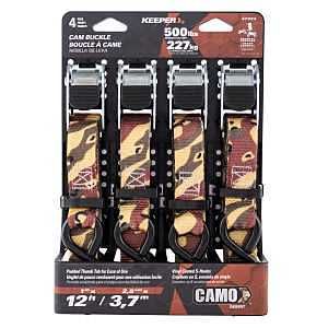 Keeper Tie-Down Strap, 1 in W, 12 ft L, Camo, 500 lb Working Load, S-Hook End