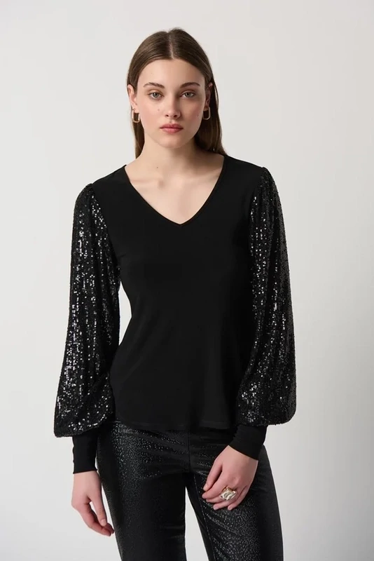 Black w/ Black Sequin Sleeves Top