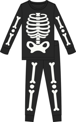 SKELETON GLOW IN THE DARK PRINT ON BLACK PJ, Size: 2