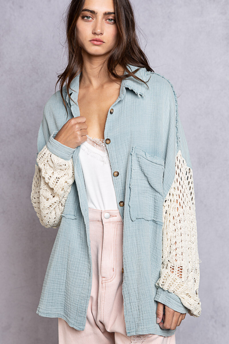 Air Blue Shacket w/Ivory Crochet Sleeves