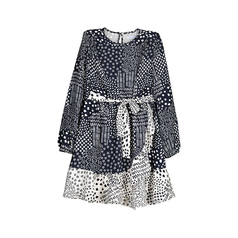 Black / White LS Print Dress w/Belt