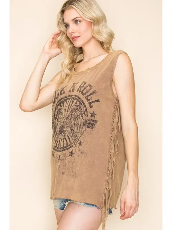 Camel Washed Destroyed Vintage Fringe Top