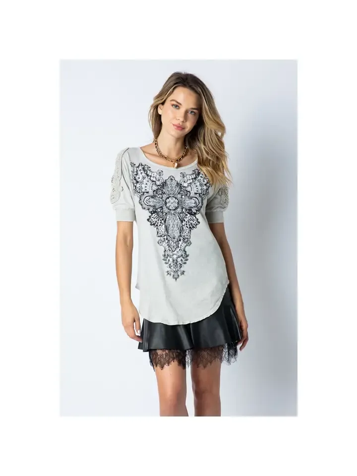 Grey Open Shoulder Top w/Crystals