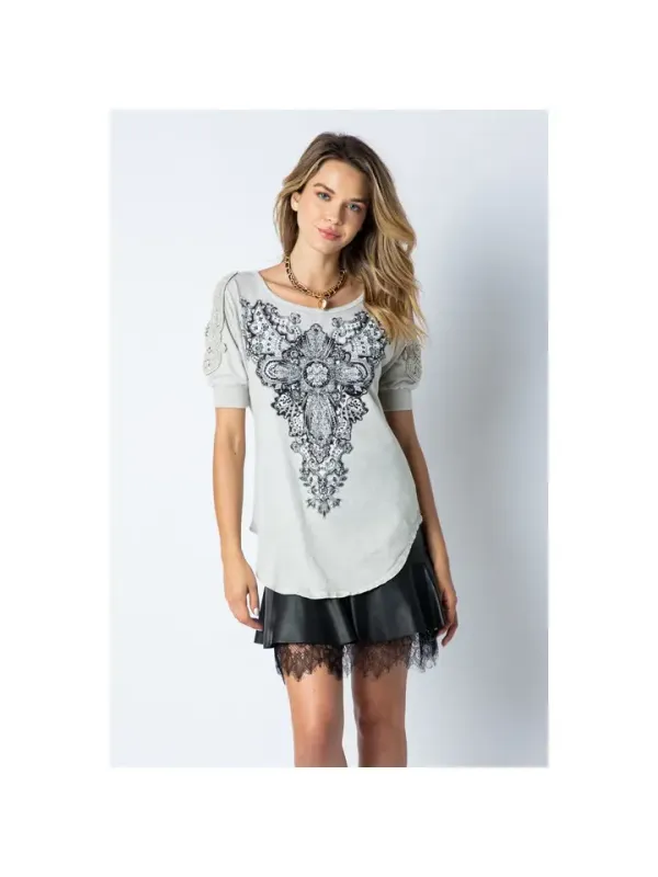 Grey Open Shoulder Top w/Crystals