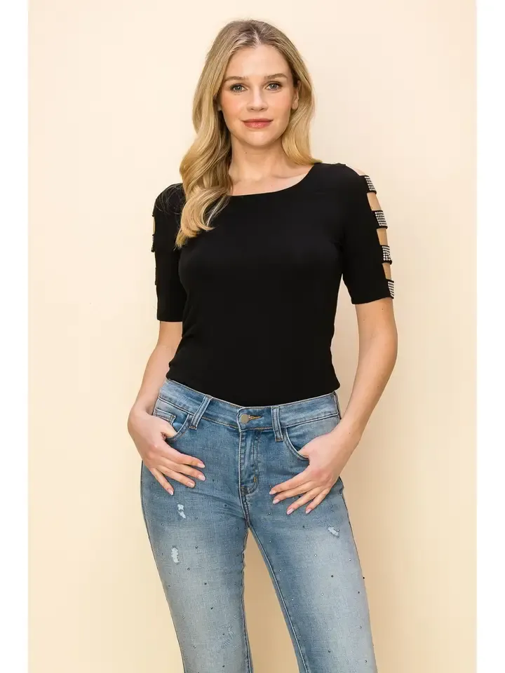 Black Embellished Cut Out Short Sleeve Top