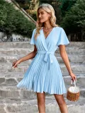 Lt Blue Pleated Belted Dress 
