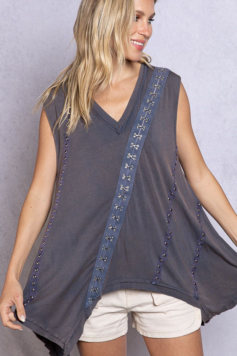 Midnight Blue V Neck Tank w/ Studs