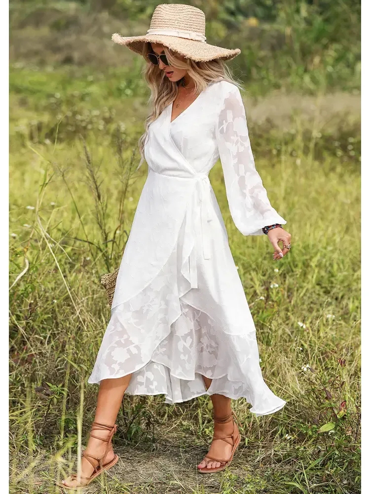 White Shear Floral Lace Overlay Wrap Dress