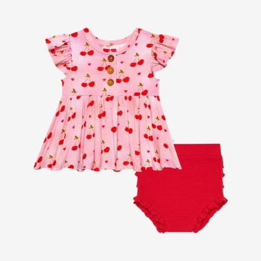 Very Cherry - Ruffled Capsleeve Henley Peplum Top &amp; Bloomer Set, Color: PINK OVERFLOW, Size: 3-6 Months