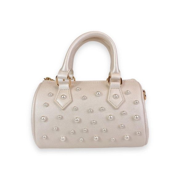 Pearl Studs Leather Barrel Bag