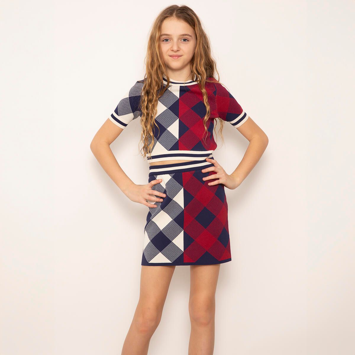 2 Pc Shilo Mixed Plaid Crew /Skirt Set